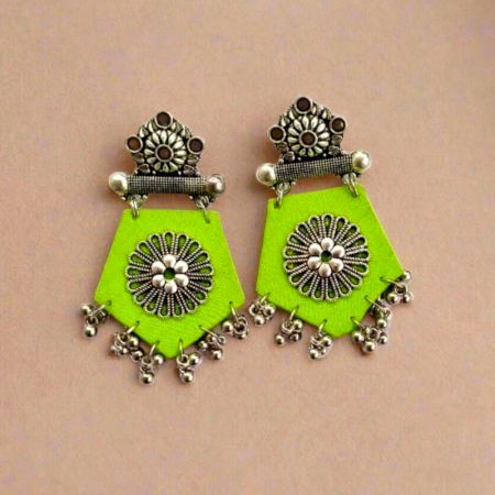 Light Green Fabric Jhumka Earrings With Silver Details
